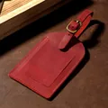 Premium vintage red crazy horse leather luggage tag with hidden card slot and buckle - Dark Red