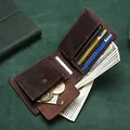 Men's trifold crazy horse leather wallet vintage brown short purse with card slots and coin pocket - Horizontal Wallet with Coin Pocket