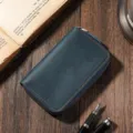 Vintage blue crazy horse leather key case with orange stitching and elegant retro styling - Dark Blue