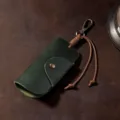 Vintage dark green Crazy Horse leather car key pouch with antique bronze hardware - Dark Green