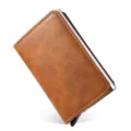 Professional brown RFID blocking pop-up aluminum card holder wallet with textured leather finish. - Crazy Horse Pattern Brown