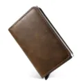 Premium brown leather RFID blocking pop-up aluminum card holder wallet for men and women - Crazy Horse Pattern Coffee