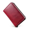Red RFID blocking leather card holder with automatic pop-up aluminum wallet box - Crazy Horse Pattern Wine Red