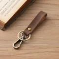 Premium vintage brown crazy horse leather keychain with antique brass hardware and snap link - Single Loop Style / Light Coffee