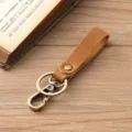 Vintage handmade brown crazy horse leather keychain with durable bronze metal clasp and ring - Single Loop Style / Brown