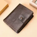 Cartera plegable vintage de cuero Crazy Horse marrón oscuro para hombre con cierre a presión - Monedero Corto con Cierre y Cremallera / Café (Cuero Crazy Horse)