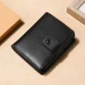 Cartera vintage de cuero genuino negro para hombre con cierre de hebilla de presión - Monedero Corto con Cierre y Cremallera / Negro (Cuero Real)