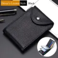 Detailed view of black genuine leather driver's license holder and card wallet. - Model A Driver License Case / Black