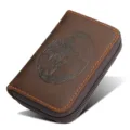 Premium brown leather zip-around card holder with traditional embossed dragon design. - 5 Inch / Brown