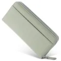 Details of sage green genuine leather long wallet with zipper and exterior card slot. - Matcha Green