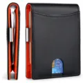 Cartera delgada de cuero negro para hombre con interior naranja y clip metálico para billetes - Naranja Liso
