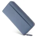 Détail du portefeuille long en cuir véritable bleu, avec fentes pour cartes et fermeture éclair. - Bleu clair