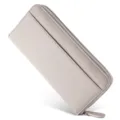 Leather long wallet detail showing texture, zipper, and card slot design in light grey. - Milky White