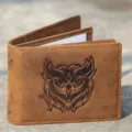 Vintage brown crazy horse leather ID card wallet featuring an embossed owl totem design - Coffee (Owl)