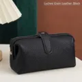 Grande trousse de maquillage en cuir véritable noir à grain litchi pour les femmes - Grain de Litchi / Noir