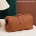 Trousse de maquillage en cuir véritable marron grainé avec fermeture à pression - Grain de Litchi / Marron
