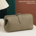 Grande trousse à maquillage en cuir véritable gris éléphant à grain de litchi - Grain de Litchi / Gris éléphant