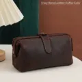Vintage coffee brown crazy horse leather large capacity cosmetic storage bag for women - Crazy Horse Leather / Coffee