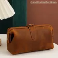 Large capacity vintage brown crazy horse leather toiletry bag and makeup organizer - Crazy Horse Leather / Brown