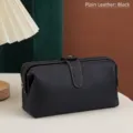 Large capacity black genuine leather cosmetic bag with plain finish and button closure - Plain Leather / Black