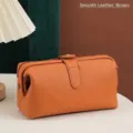 Large capacity brown smooth leather cosmetic bag made of premium top layer cowhide - Plain Leather / Brown