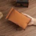 Ultra-thin brown leather coin purse with spring clip closure for glasses and storage. - Brown with Spray Color
