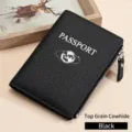 Étui de passeport en cuir véritable noir avec blocage RFID et texture litchi - Noir