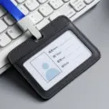 Premium black genuine leather horizontal ID badge holder with a blue lanyard and clip - Horizontal / Black