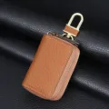 Étui à clés de voiture en cuir marron véritable avec double fermeture éclair et crochet - Marron