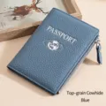 Protège-passeport bleu en cuir véritable RFID avec fermeture éclair et motif litchi - Bleu Denim