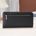 Portefeuille long en cuir noir pour femme avec protection RFID et zip doré - Noir