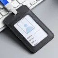 Black genuine leather ID badge holder with blue lanyard and plastic clip - Vertical / Black