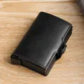 Black leather automatic pop-up card holder with double-layer aluminum frame - Black