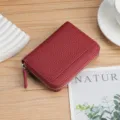 Dark red genuine pebbled leather RFID card holder with accordion design and zipper - Burgundy