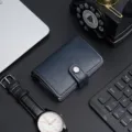 Navy blue PU leather pop-up card holder wallet with aluminum alloy case - Dark Blue