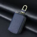 Étui à clés élégant en cuir véritable bleu avec double fermeture éclair et crochet doré - Bleu foncé