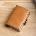Tan leather automatic pop-up card holder with double aluminum slots - Brown