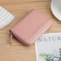 Premium pink pebble leather RFID card holder and women's coin purse with zipper - Pink