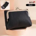 Portefeuille en cuir véritable noir pour femme avec protection RFID et fermoir baiser rétro - Noir