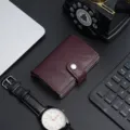 Premium wine red PU leather automatic pop-up card holder with sleek aluminum case - Burgundy