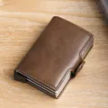 Double-layer aluminum alloy automatic pop-up cardholder with premium brown leather finish - Coffee