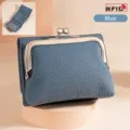 Petit portefeuille bleu en cuir véritable pour femme avec protection RFID et fermoir - Bleu Denim