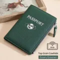 Protège-passeport en cuir de vachette vert avec protection RFID et fermeture éclair - Vert Foncé