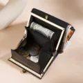 Petit portefeuille en cuir véritable avec cadre en alliage d'or et monnaie - Noir