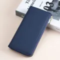 Elegante, dunkelblaue Damen-Brieftasche aus genarbtem Leder mit goldenem L-Reißverschluss - Blau