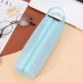Light blue mesh pencil case with portable top handle and large capacity for students - Blue