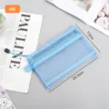 Light blue mesh nylon double-layer stationery bag with zipper, measures 20.5x13cm. - A6 Small / Blue