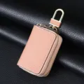 Funda para llaves de coche de cuero rosa de alta calidad con doble cremallera y clip dorado - Rosa