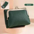 Elegant dark green litchi grain leather kiss-lock wallet with three-fold compact design - Dark Green
