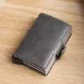 Tarjetero automático de doble capa de cuero gris de primera calidad con marco de aluminio - Gris